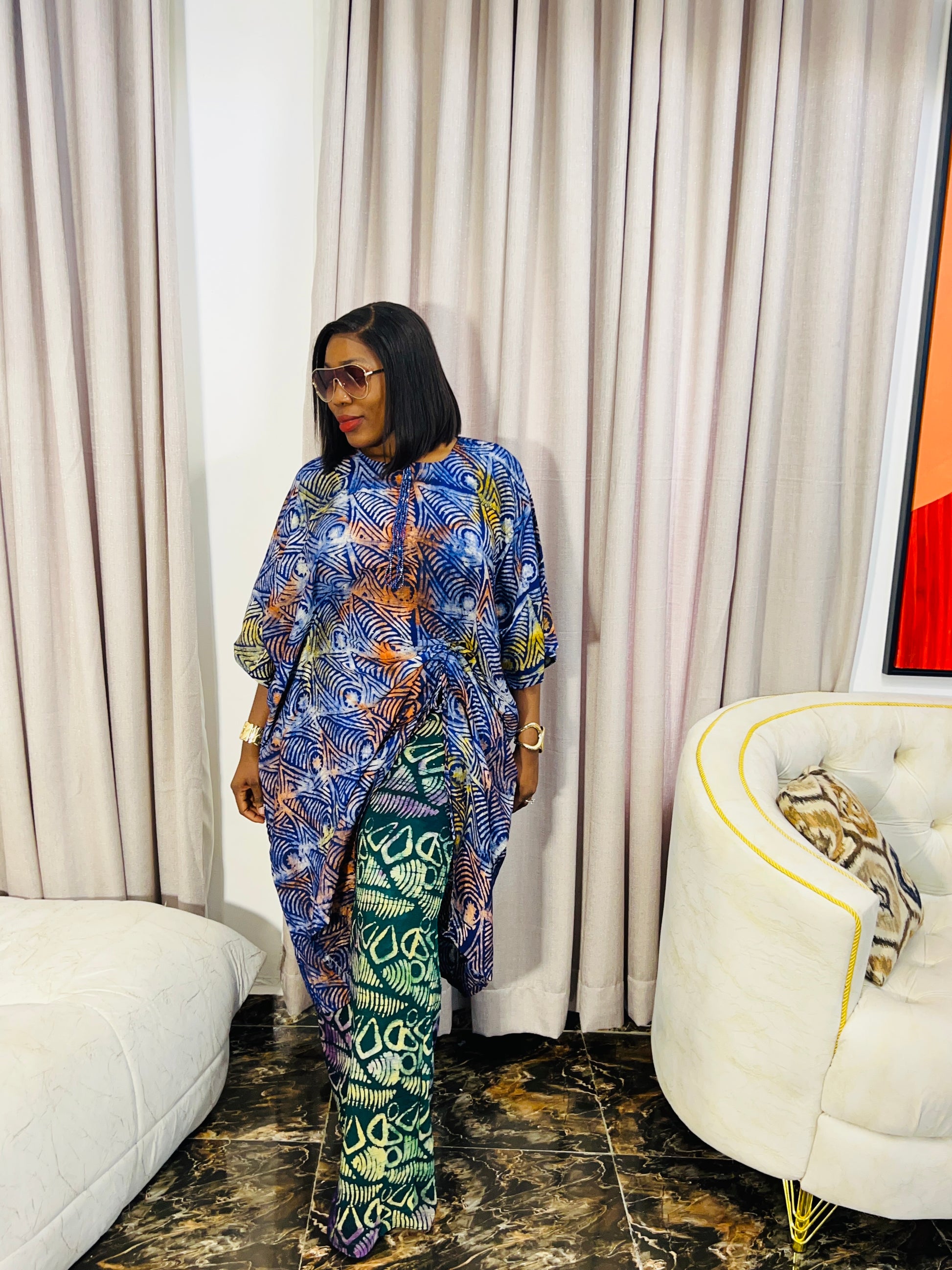 Model wearing Zahra Adire two-piece pant set 