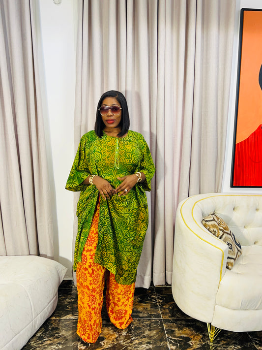 Model wearing Zahra Adire two-piece pant set