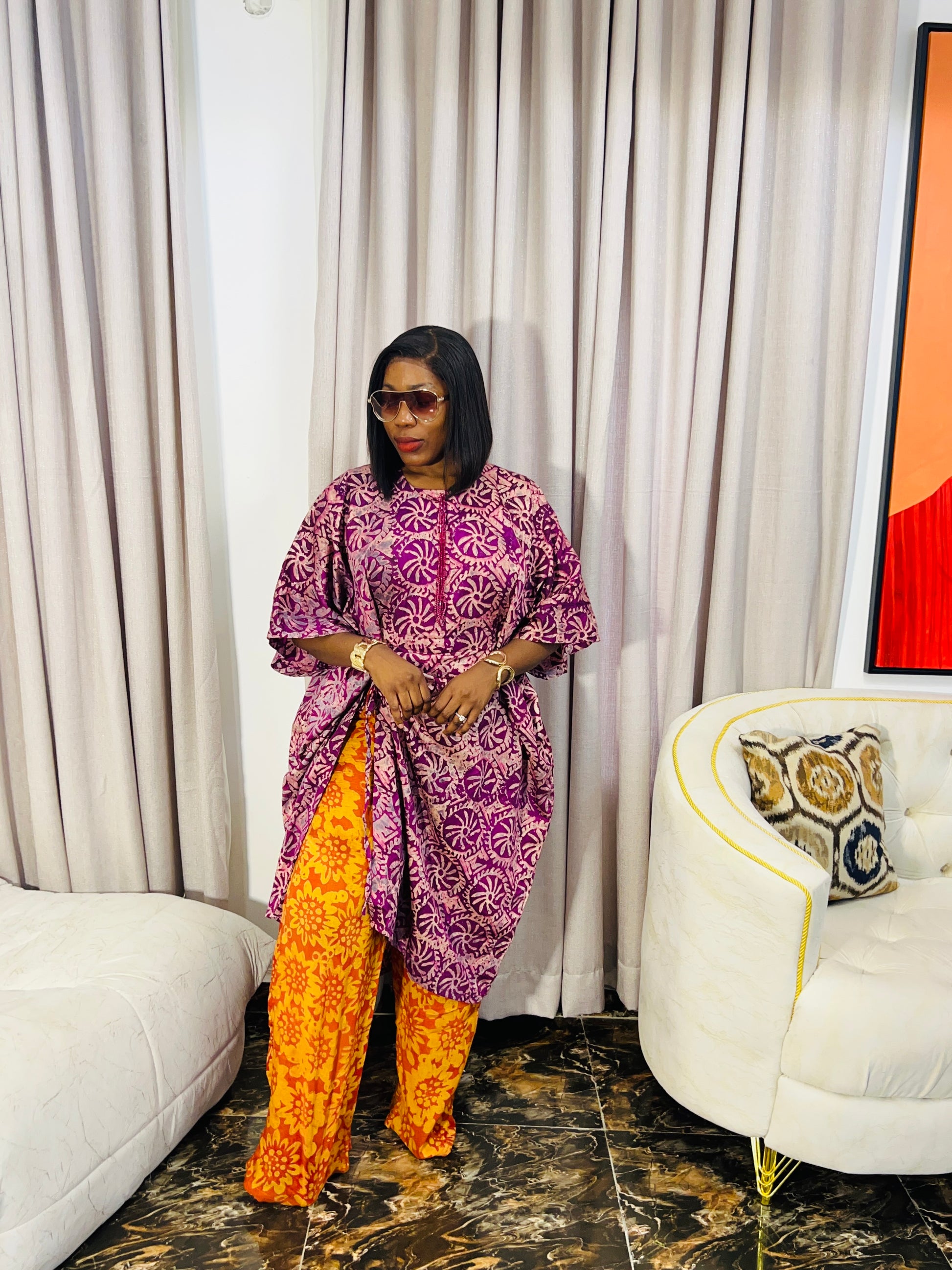 Model wearing Zahra Adire two-piece pant set 