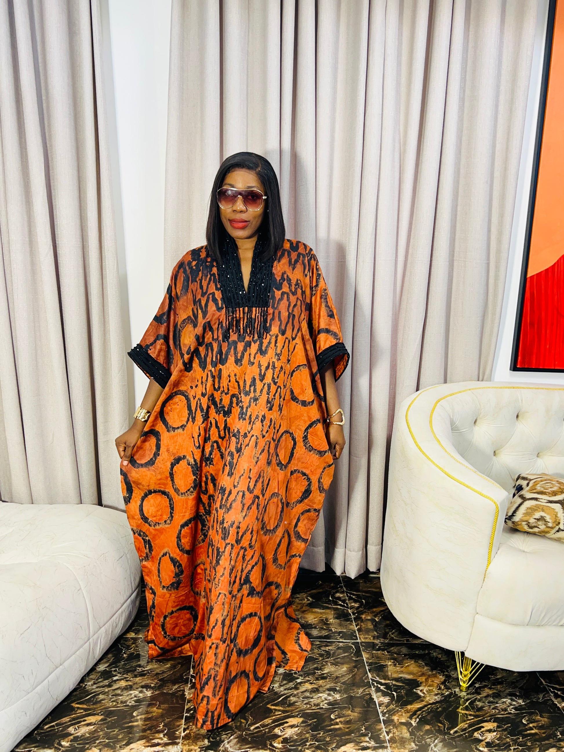 odel wearing Abike Adire beaded boubou dress 