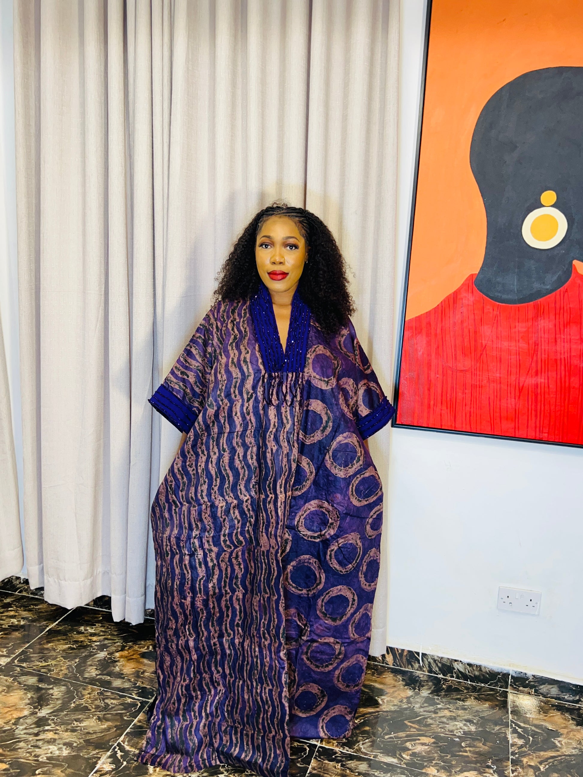 odel wearing Abike Adire beaded boubou dress 
