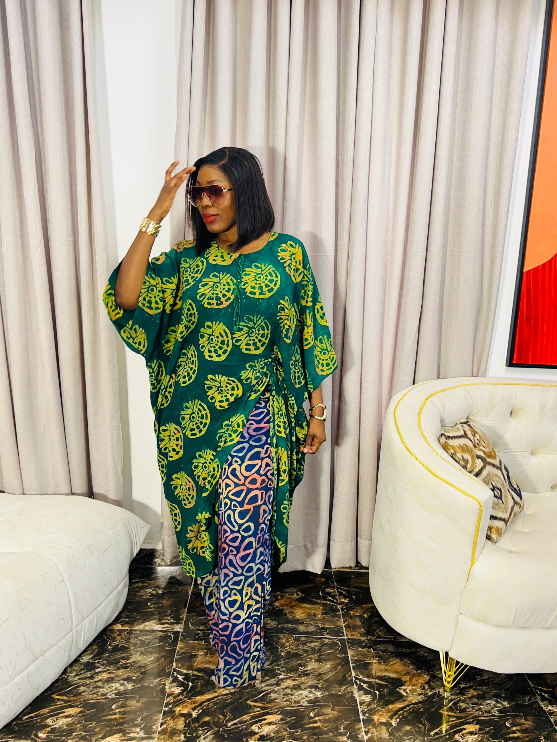 Model wearing Zahra Adire two-piece pant set 