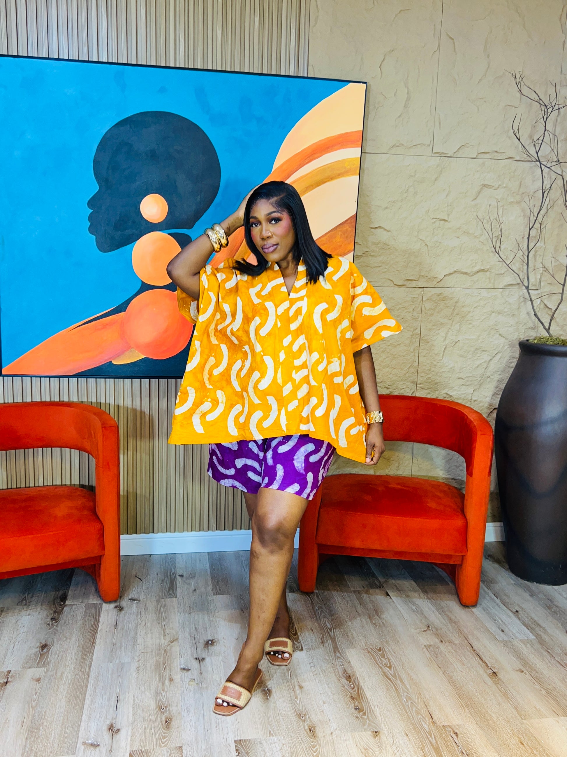 oversized Adire two-piece set with loose top and matching shorts, fits M–XL, tall girl friendly.