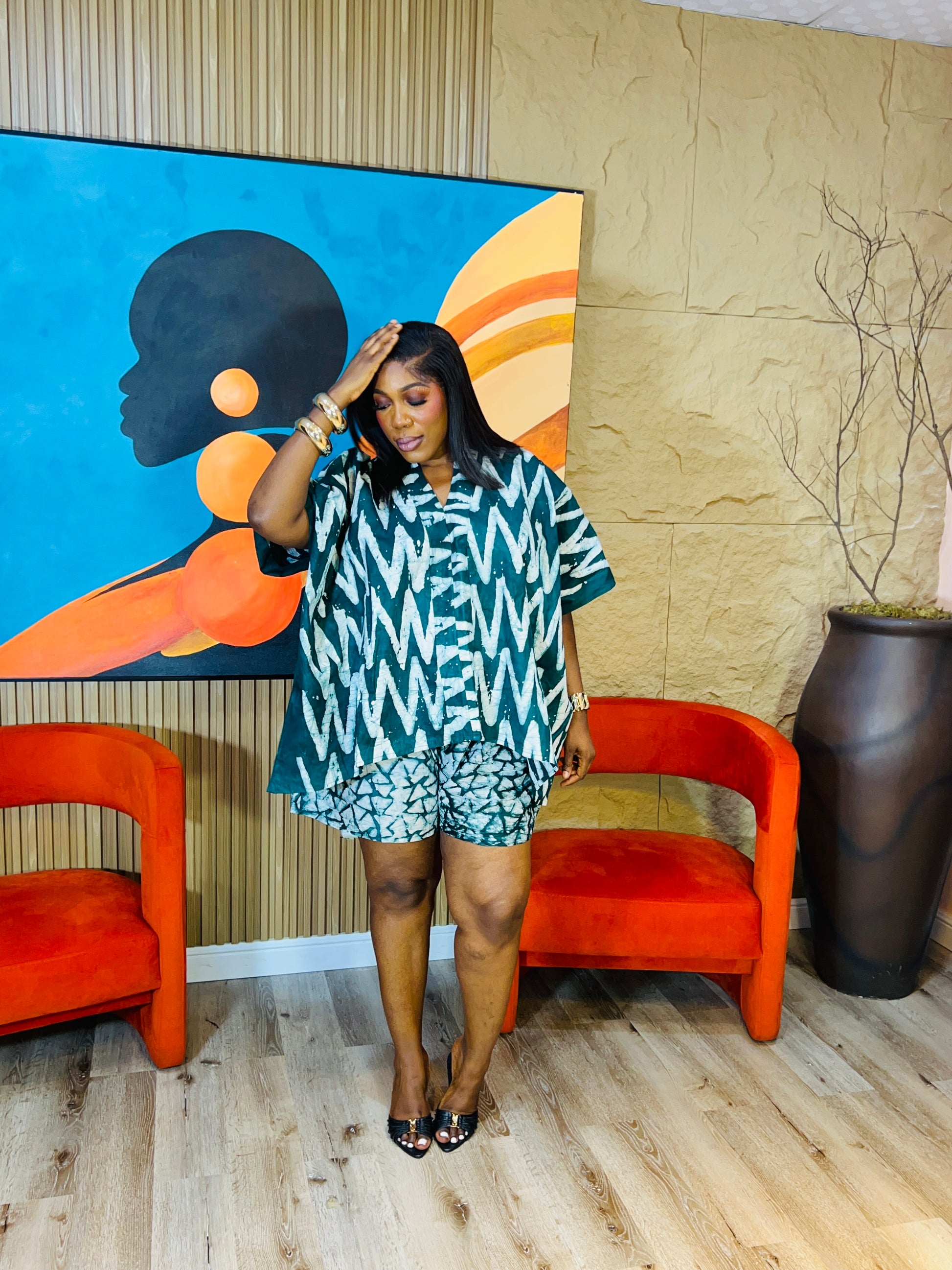 oversized Adire two-piece set with loose top and matching shorts, fits M–XL, tall girl friendly.