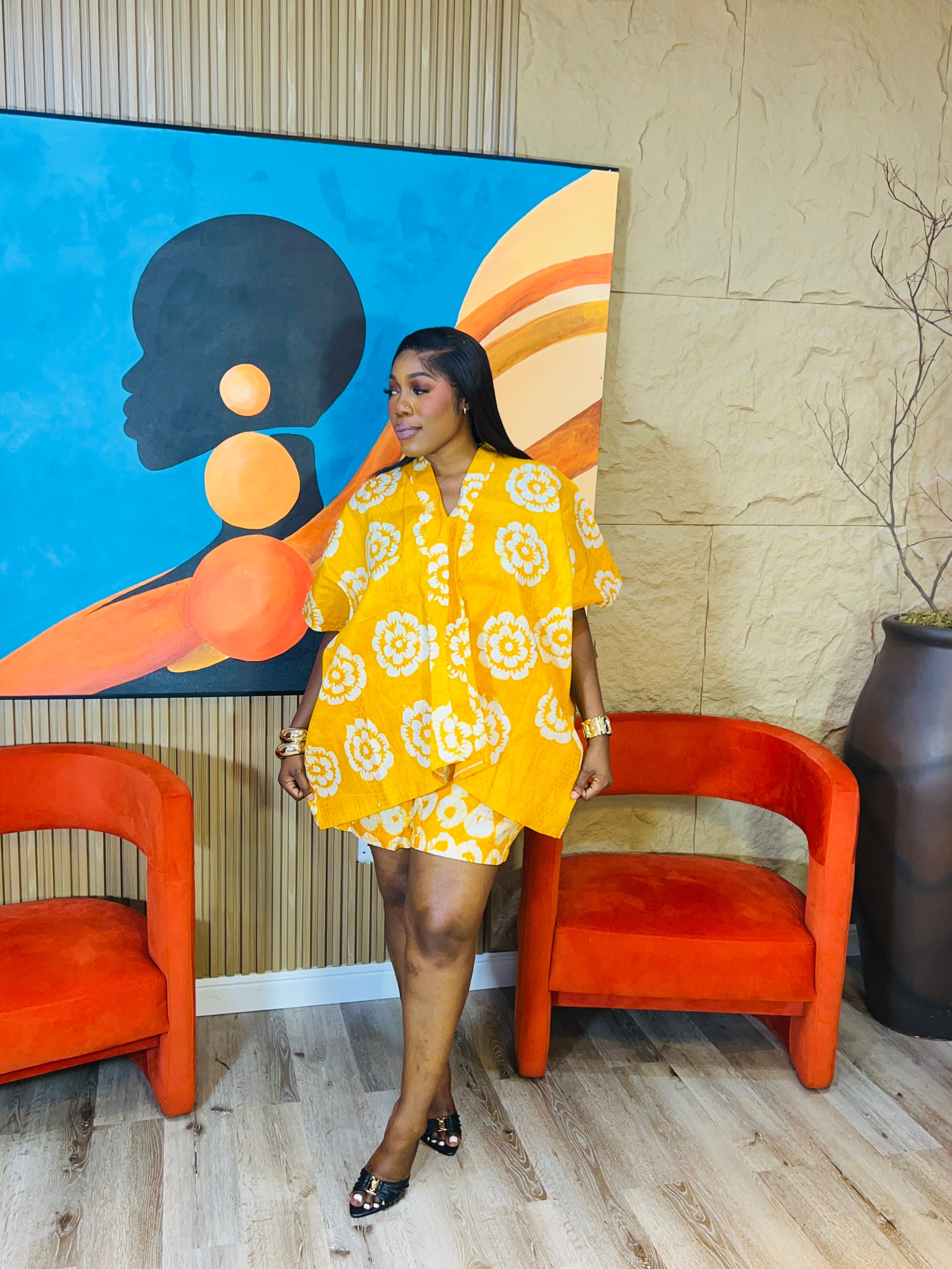 oversized Adire two-piece set with loose top and matching shorts, fits M–XL, tall girl friendly.