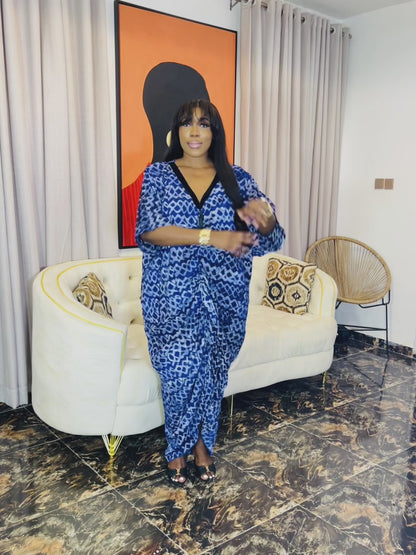 Imani Boubou Dress – Oversized Adire Crepe Kaftan with Inner Belt | Fits S–2X | Tall Girl Friendly