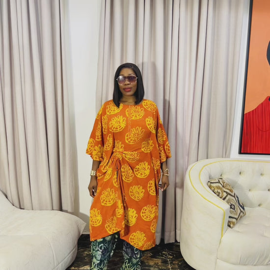 Model wearing Zahra Adire two-piece pant set