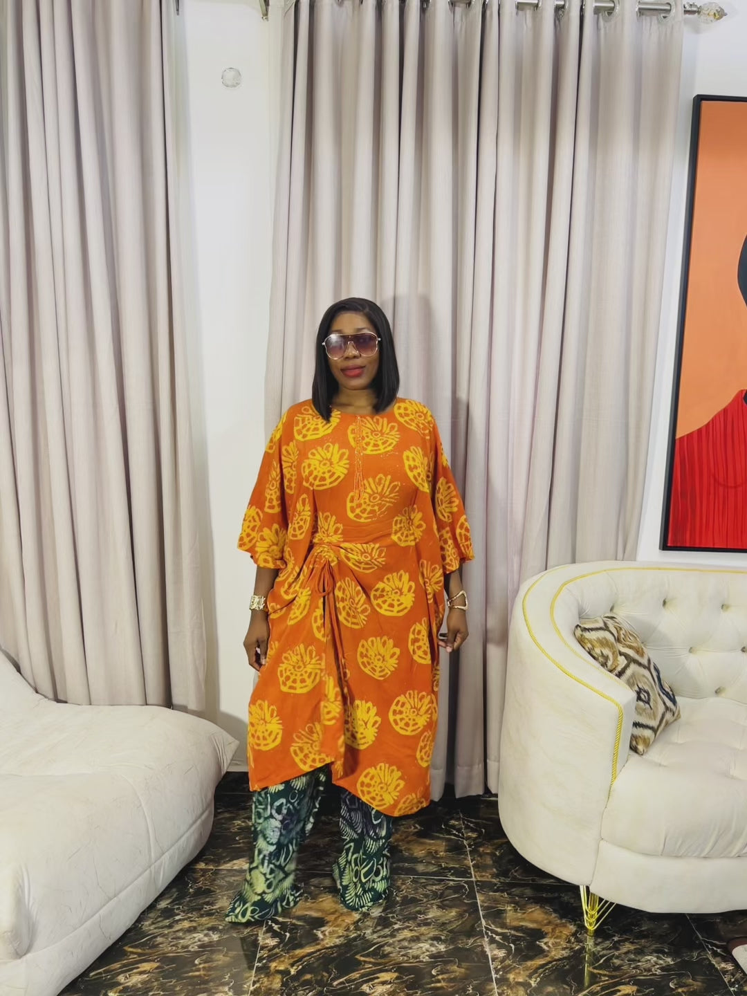 Model wearing Zahra Adire two-piece pant set