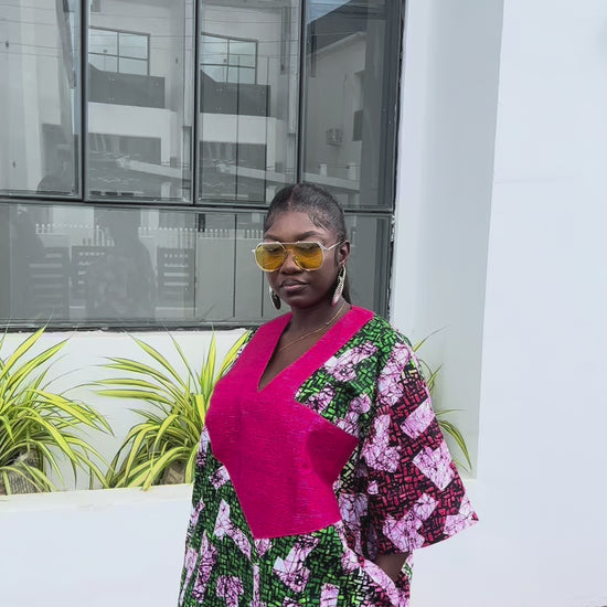 Short oversized Ankara boubou dress with Aso-Oke detail.