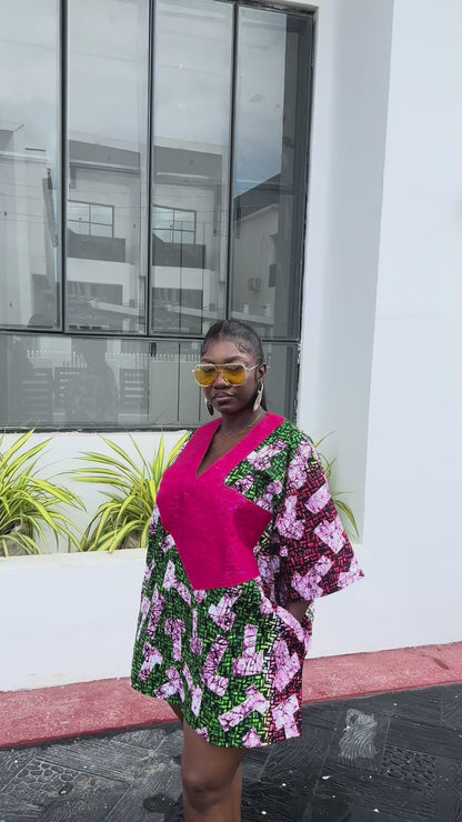 Short oversized Ankara boubou dress with Aso-Oke detail.